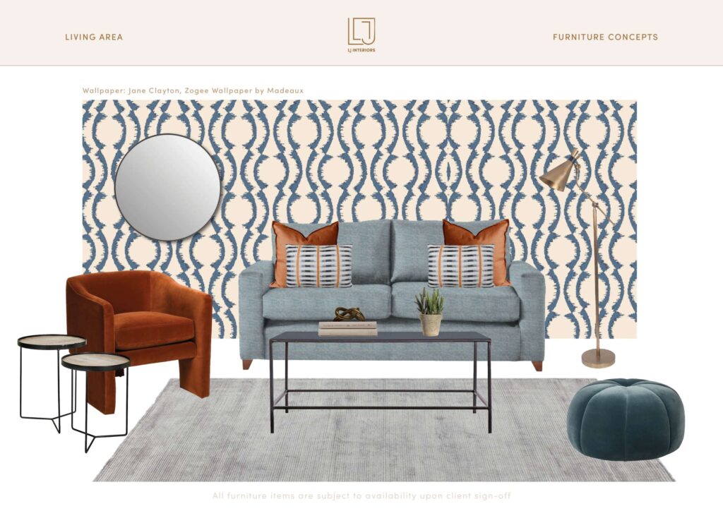 living room blue and orange mood board