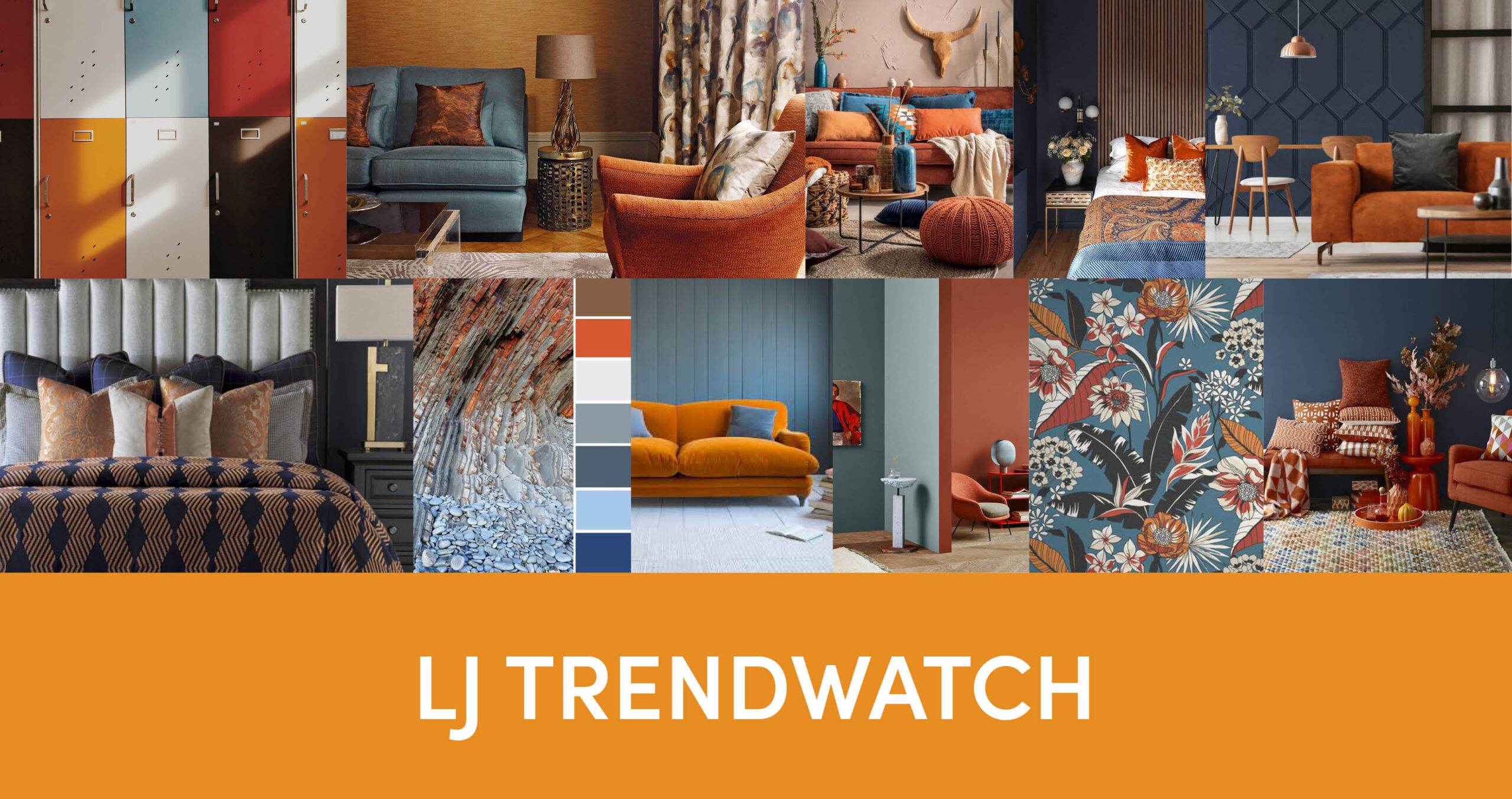 Images of blue and orange interiors