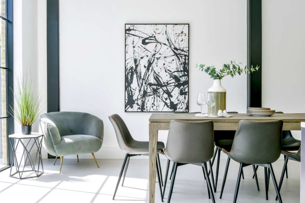 grey armchair and table